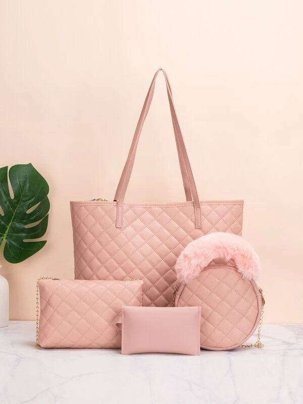 4pcs Twilly Scarf Decor Quilted Pattern Shoulder Tote Bag Set, Best Work Bag For Women