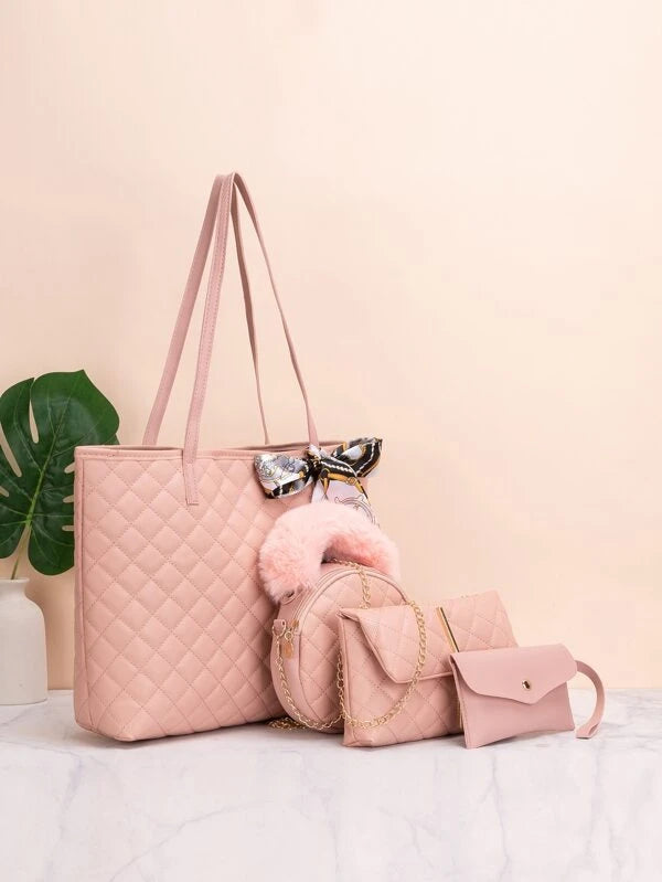 4pcs Twilly Scarf Decor Quilted Pattern Shoulder Tote Bag Set, Best Work Bag For Women
