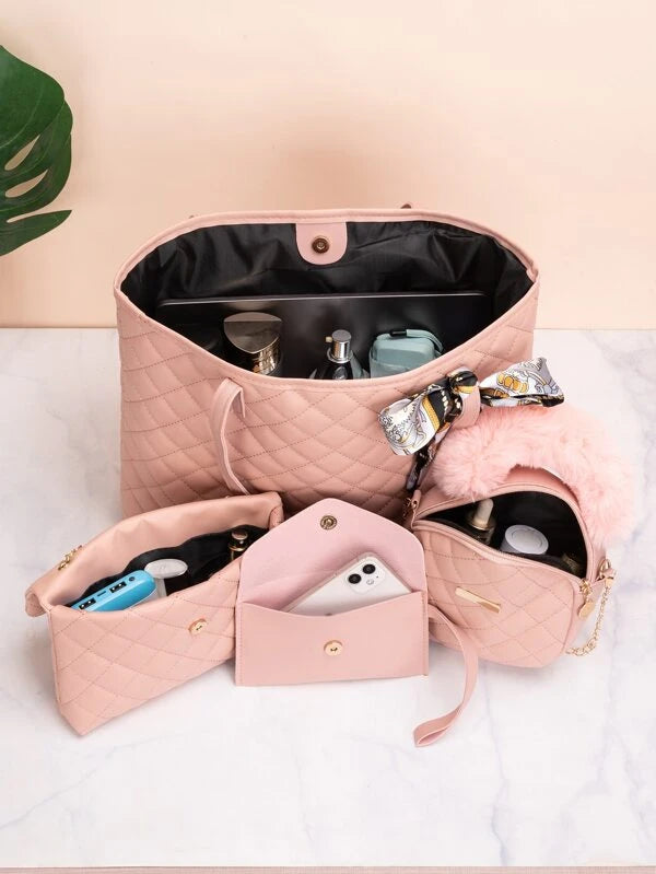 4pcs Twilly Scarf Decor Quilted Pattern Shoulder Tote Bag Set, Best Work Bag For Women