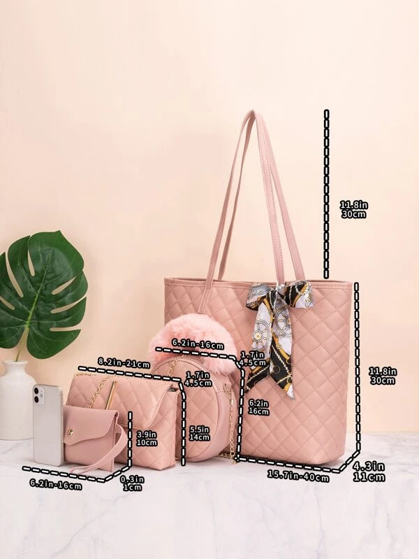 4pcs Twilly Scarf Decor Quilted Pattern Shoulder Tote Bag Set, Best Work Bag For Women