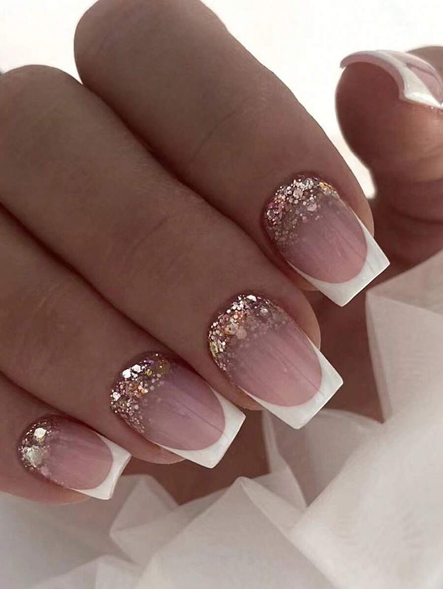24pcs Short Square French Style Glitter White Girl Wearable False Nails & 1pc Nail File & 1pc Jelly Glue, Winter Press On Nails Nail Supplies