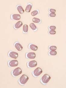 24pcs Short Square French Style Glitter White Girl Wearable False Nails & 1pc Nail File & 1pc Jelly Glue, Winter Press On Nails Nail Supplies