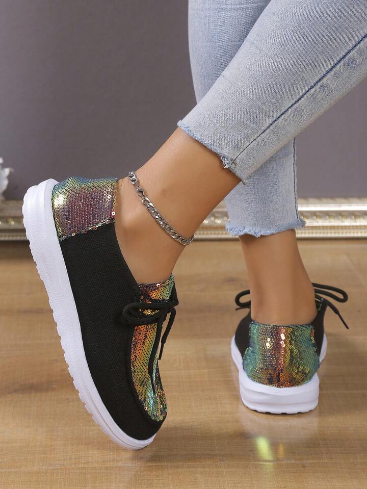 Sporty Slip On Shoes For Women, Sequins Holographic Lace-up Front Sneakers
