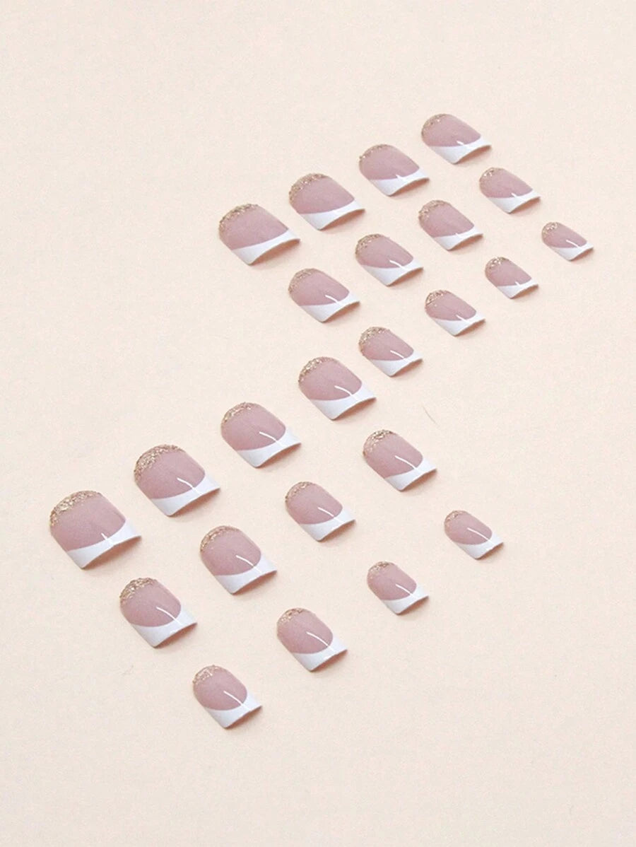 24pcs Short Square French Style Glitter White Girl Wearable False Nails & 1pc Nail File & 1pc Jelly Glue, Winter Press On Nails Nail Supplies