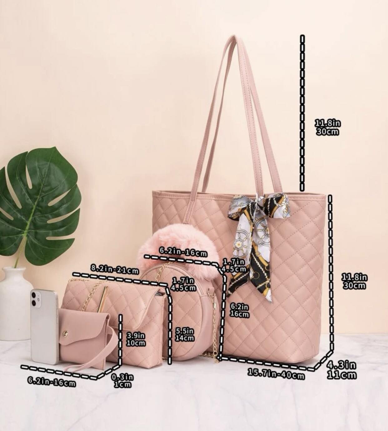 4pcs Twilly Scarf Decor Quilted Pattern Shoulder Tote Bag Set, Best Work Bag For Women