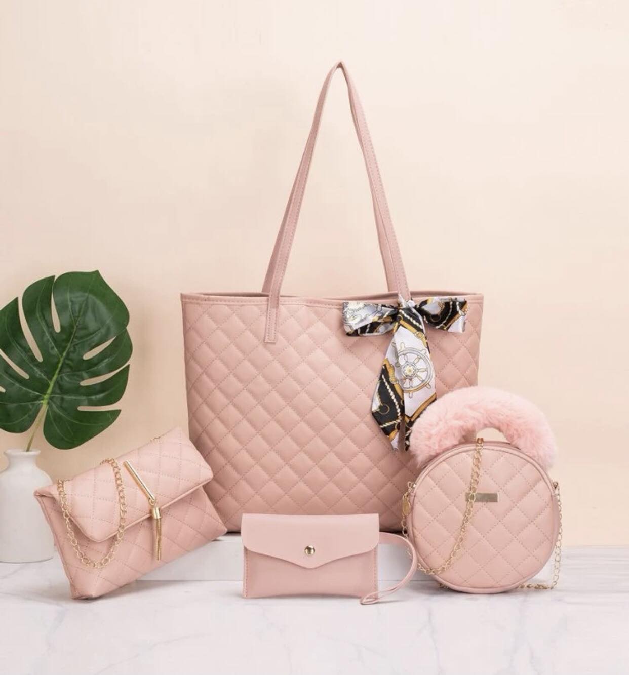 4pcs Twilly Scarf Decor Quilted Pattern Shoulder Tote Bag Set, Best Work Bag For Women