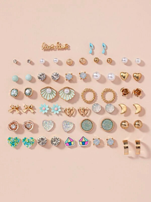 30pairs Rhinestone & Faux Pearl Detail Earrings
