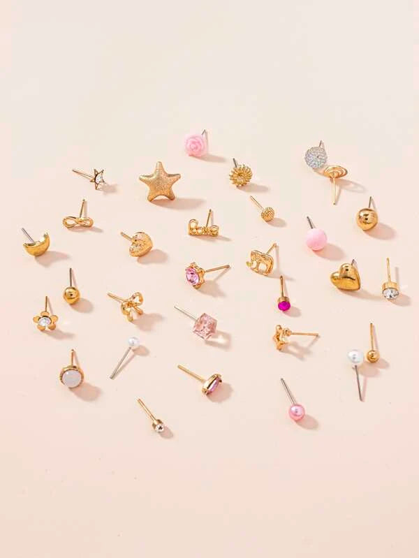 30pairs Faux Pearl & Rhinestone Decor Earrings