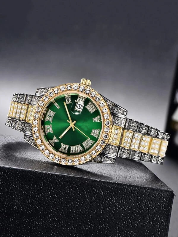 Men Rhinestone Decor Date Quartz Watch