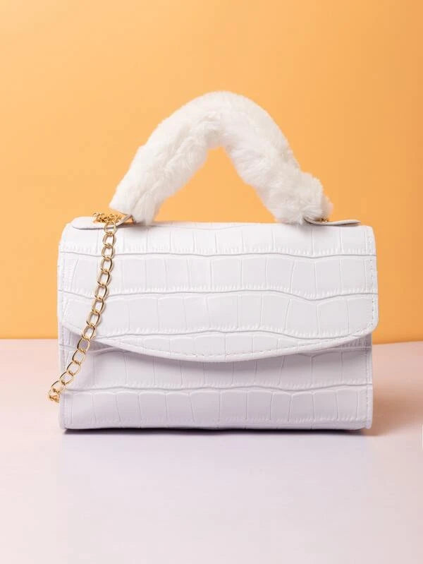 Mini Fuzzy Croc Embossed Flap Square Bag