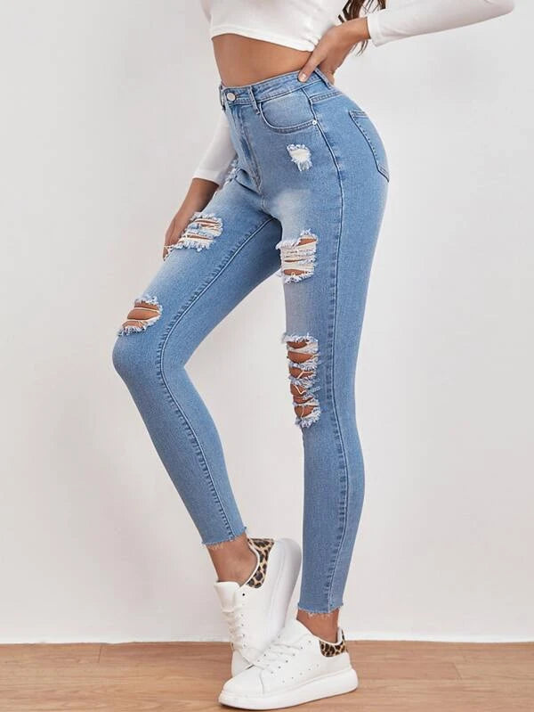 High Waisted Ripped Raw Hem Skinny Jeans2
