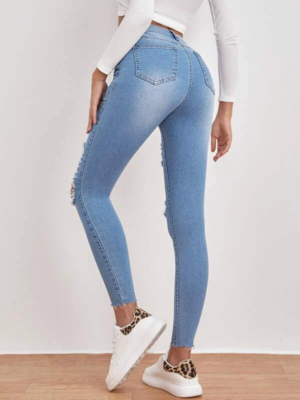 High Waisted Ripped Raw Hem Skinny Jeans2