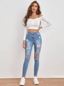 High Waisted Ripped Raw Hem Skinny Jeans2