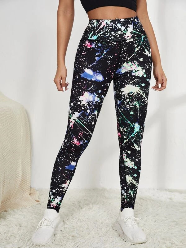 Wide Band Waist Graphic Pattern Sports Leggings