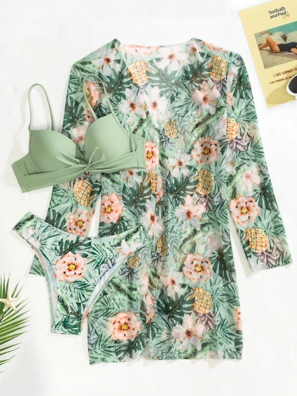 3pack Plant Print Push Up Bikini Swimsuit & Kimono
