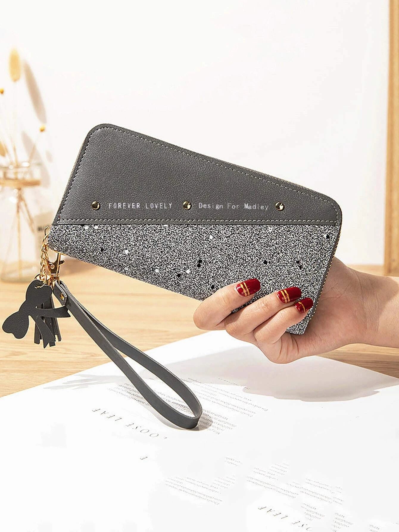Tassel & Bow Decor Letter Graphic Long Wallet
