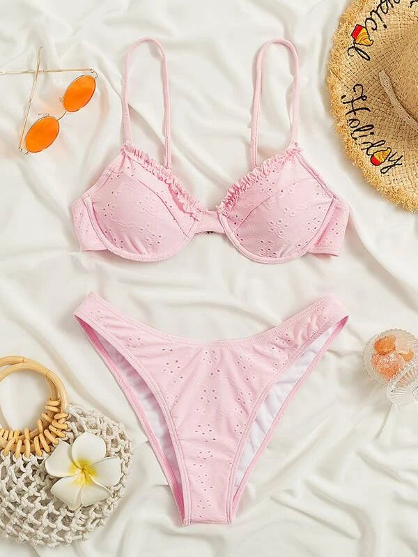 Frill Trim Eyelet hímzés Push Up bikini fürdőruha