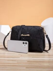 Geometric Pattern Metal Letter Decor Shoulder Bag