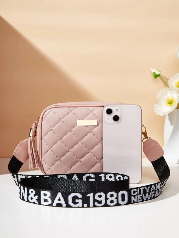 Mini Tassel & Metal Decor Letter Graphic Quilted Square Bag