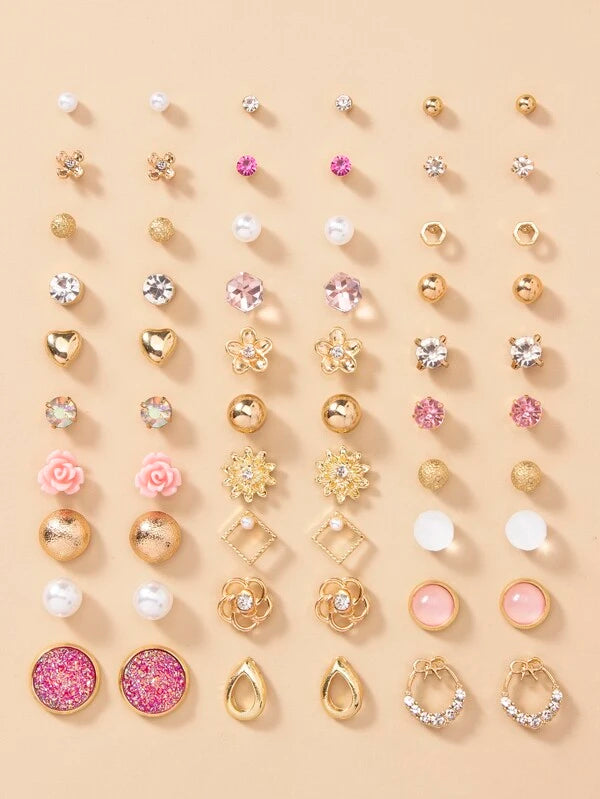 30pairs Rhinestone Decor Stud Earrings