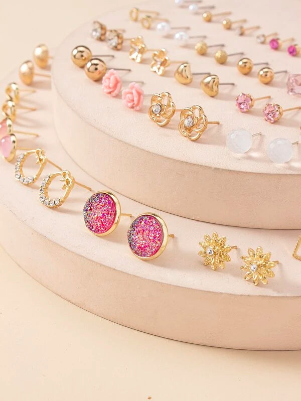 30pairs Rhinestone Decor Stud Earrings