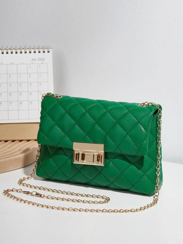 Quilted Pattern Flap Chain Square Bag