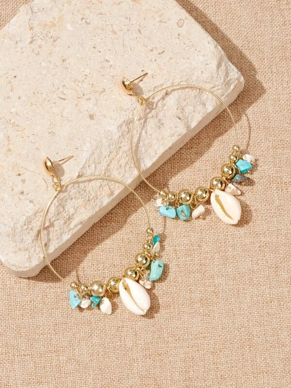 SHEIN VCAY Shell & Turquoise Tassel Drop Earrings