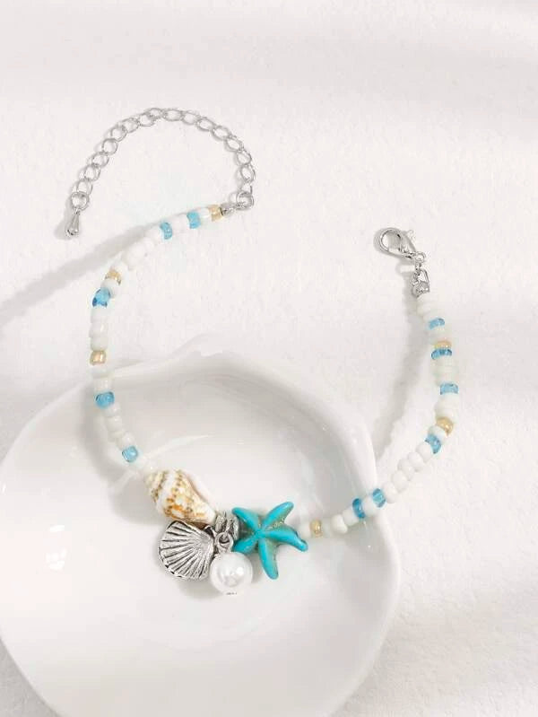 Shell Charm Starfish & Conch Decor Beaded Bracelet