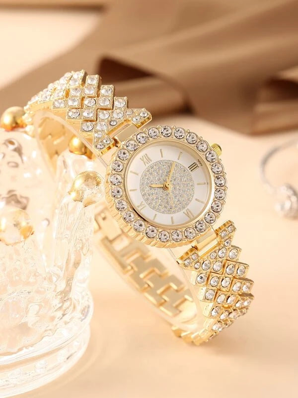 1pc Rhinestone Decor Quartz Watch & 1pc Bracelet