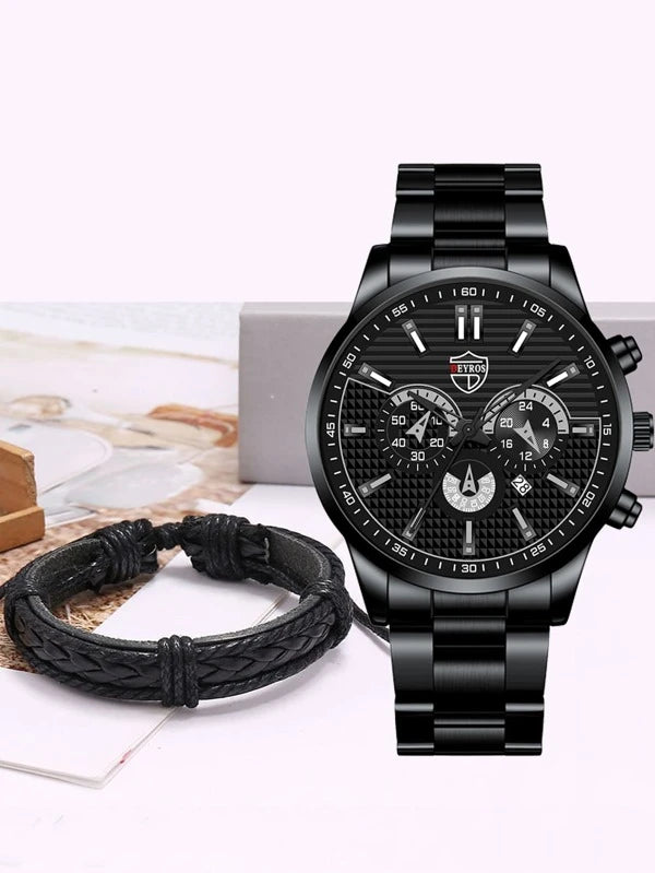 1pc Men Round Pointer Date Quartz Watch & 1pc Bracelet
