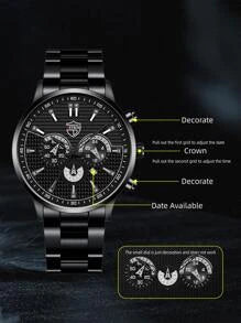 1pc Men Round Pointer Date Quartz Watch & 1pc Bracelet
