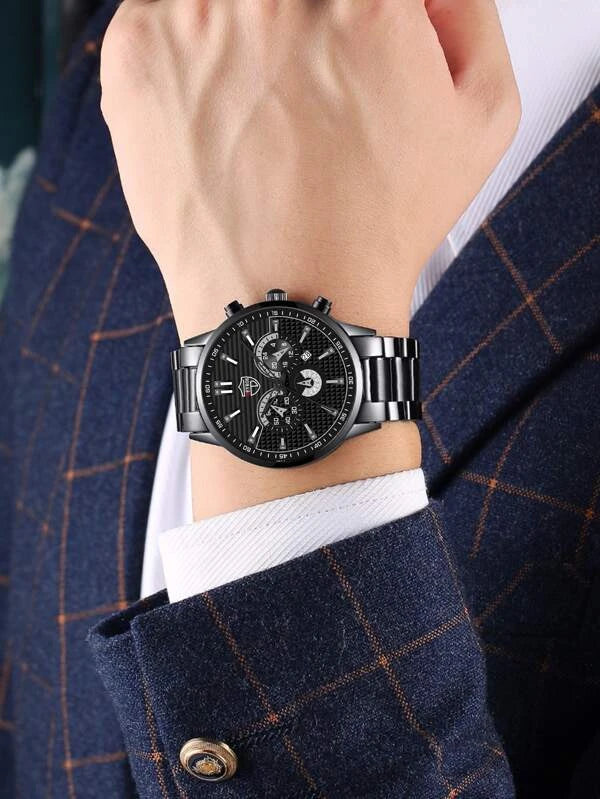 1pc Men Round Pointer Date Quartz Watch & 1pc Bracelet