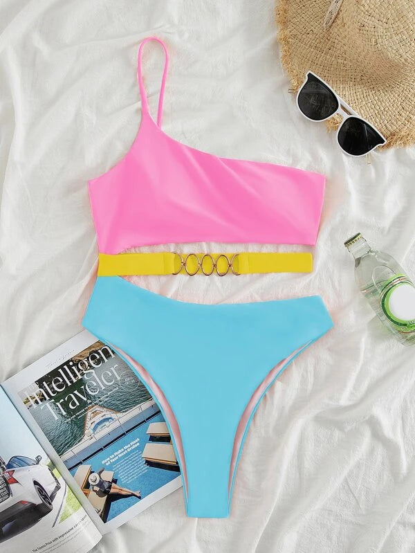 Colorblock Ring Linked Cut-out Waist One Piece Swimsuit