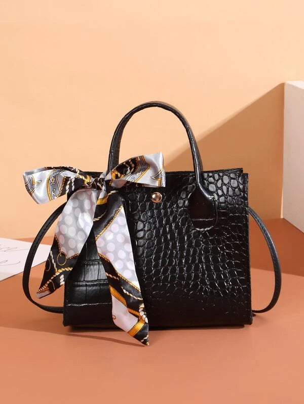Mini Crocodile Embossed Twilly Scarf Decor Square Bag