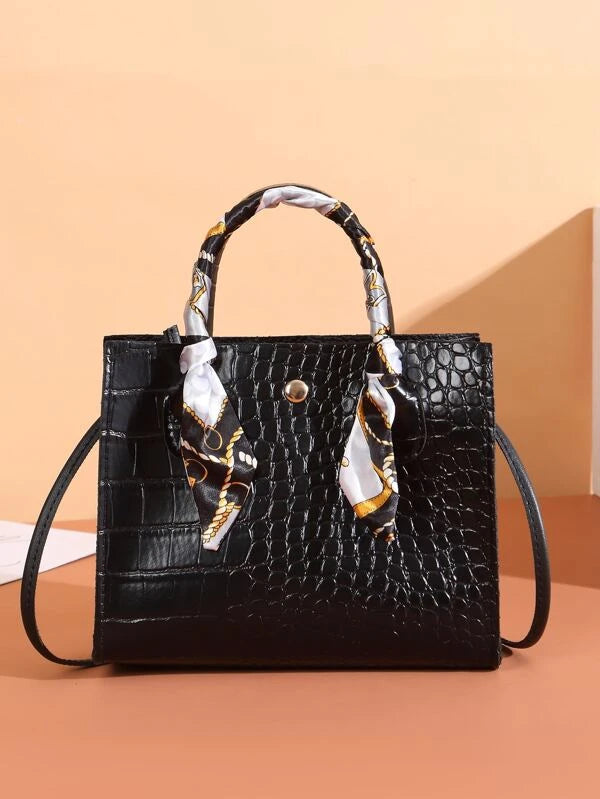 Mini Crocodile Embossed Twilly Scarf Decor Square Bag