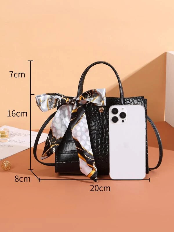 Mini Crocodile Embossed Twilly Scarf Decor Square Bag