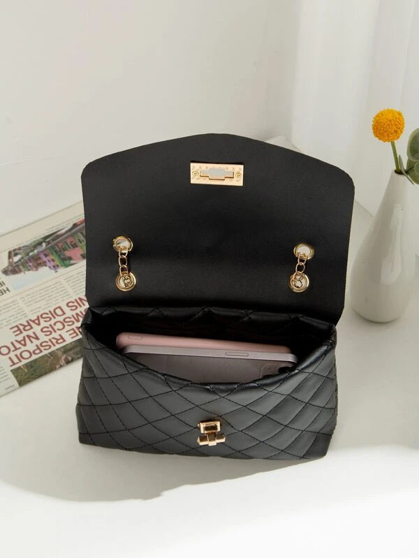 Quilted Twist Lock Flap Chain Square Bag