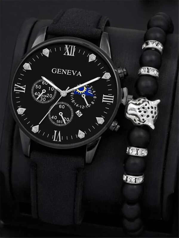 1pc Men Round Pointer Date Quartz Watch & 1pc Bracelet