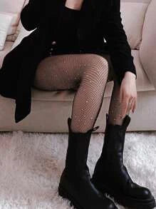 Rhinestone Decor Fishnet Tights