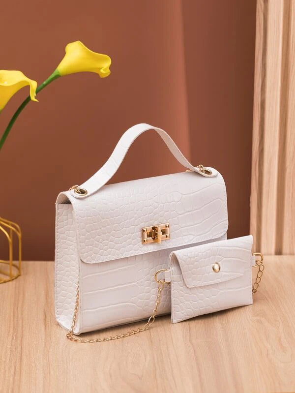 Crocodile Embossed Twist Lock Square Bag With Small Pouch
