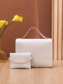 Crocodile Embossed Twist Lock Square Bag With Small Pouch