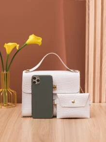 Crocodile Embossed Twist Lock Square Bag With Small Pouch