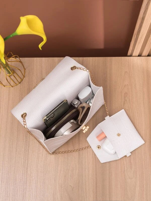 Crocodile Embossed Twist Lock Square Bag With Small Pouch