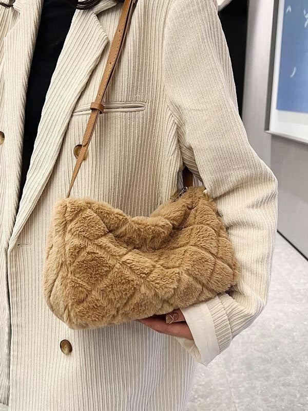 Stitch Detail Fluffy Hobo Bag