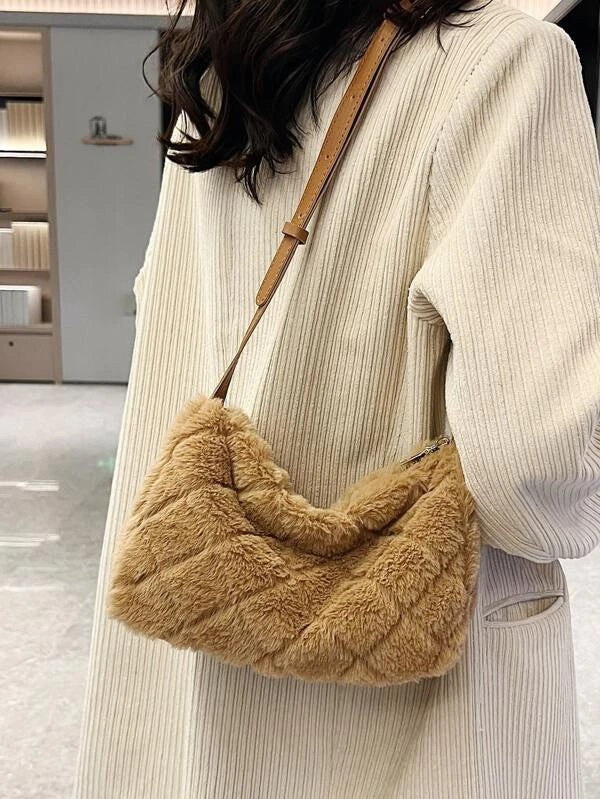Stitch Detail Fluffy Hobo Bag