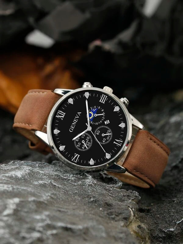 1pc Men Round Pointer Date Quartz Watch & 1pc Bracelet