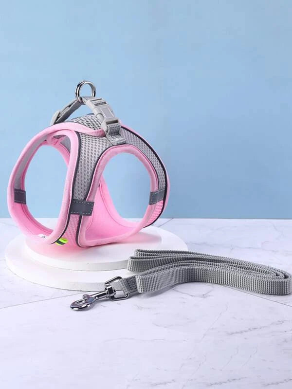 1pc Breathable Pet Harness & 1pc Leash (XXS-L) YELLOW/ PINK/ MULTICOLOR