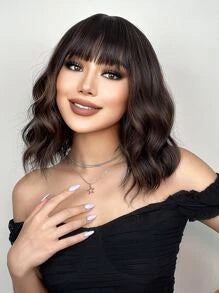 Natural Short Curly Synthetic Wig With Bangs