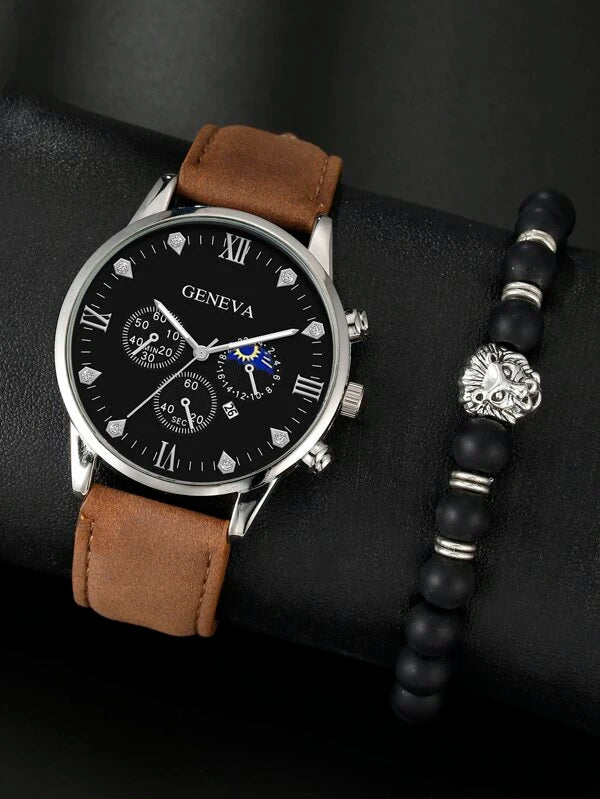 1pc Men Round Pointer Date Quartz Watch & 1pc Bracelet