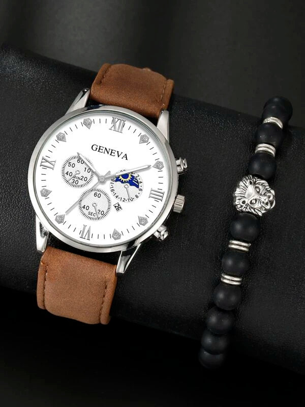 1pc Men Round Pointer Date Quartz Watch & 1pc Bracelet